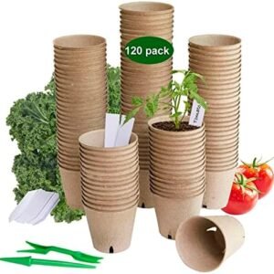 120pcs Biodegradable Peat Pots for Seeding, 3.15 Inch Seed Starting Round Pulp Nursery Pot with Drainage Holes Bonus 30 Plant Labels 2 Garden Tools