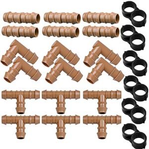 24P Drip Irrigation Fittings Kit for 1/2" Tubing (.600 ID), 17mm Parts- 6 Tees, 6 Couplings, 6 Elbows,6 End Cap Plugs- Barded Connectors for Rain Bird Pipe and Sprinkler Systems (24 Pieces Set)
