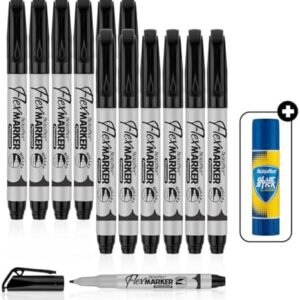 12 Permanent Markers, Black and 1 Washable Glue Stick, Non-Toxic, Quick Drying, Waterproof, Smearproof and Multi-Purposes