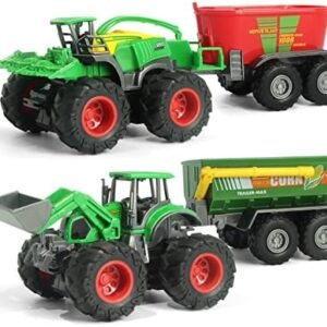 Monster Farm Tractor, Friction Powered Monster Trucks, Die-cast Metal Body Front Loader with Trailer &Fodder Mixer, Ideal Farm Toys for 3 Year Old Boys(4pc Set1)