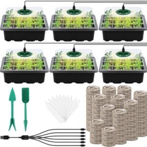 6 Pack Seed Starter Tray Kit with Grow Light and Humidity Dome Germination Trays with 72 Peat Pellets, Plant Labels, Gardening Tools, Plant Growing Trays for Seeds Growing Starting, Black