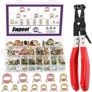 Swpeet 121Pcs 7-22mm Spring Band Hose Clamps with Swivel Flat Band Fuel Hose Clamp Plier Assortment Kit, Silicone Vacuum Hose Action Pipe Clamp Low Pressure Air Clip Clamp for Hose Clamps