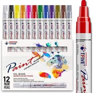 TFIVE Paint Pens Paint Markers Never Fade Quick Dry and Permanent, 12 Color Oil-Based Waterproof Paint Marker Pen Set for Rock Painting, Ceramic, Wood, Fabric, Plastic, Canvas, Glass, Mugs