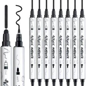 TRANSON Black Acrylic Paint Pen 8 Pack Dual-tip for DIY Glass Canvas Wood Leather Ceramic Rock Painting