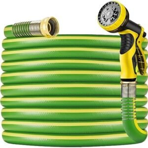 Garden Hose 50 ft x 5/8 in Heavy Duty-Flexible&Lightweight Outdoor Water Hose with 10 Pattern Spray Nozzle,Burst 600psi,Kink-less Hybrid Rubber Car Washing Pipe Hoses for Backyard,3/4''Brass Fittings