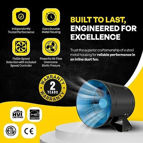 TerraBloom 6 Inch Inline Fan ECMF-150 - Quiet HVAC Grow Tent Fan with 0-100% Variable Speed Duct Fan Speed Controller, Premium Metal Casing 40-75% Energy Efficient EC Motor - For Large Spaces - Image 6