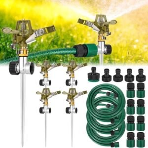 4 Pcs Brass Impact Lawn Sprinklers for Yard Kit 360° Automatic Rotating Sprinkler Head with Spike Base Above Ground Sprinkler System Kit Heavy Duty Garden Sprinkler for Large Area Watering
