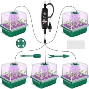 GOONMMILL Seed Starter Tray with Timed Grow Light, 5 Packs Plant Starter Tray Seedling Starter Kit with Humidity Domes Base Indoor Greenhouse Mini Propagator Station for Seeds Growing Starting