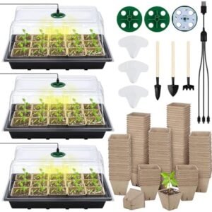 3 Sets Seed Starter Tray Kits with Grow Light and Peat Pots Plastic Germination Growing Trays with with Humidity Dome and Base 100 Plant Labels Garden Tools for Seeds Growing Propagation, Black