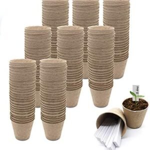 QPEY Peat Pots for Seedlings,200 Packs 3 inch Seed Starter Kits for Plant Seedling Saplings & Seed Germination,Biodegradable Peat Pots with200 PCs Plant Labels
