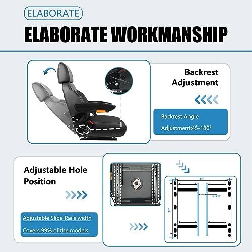 Universal Forklift Seat, Tractor Seat with Retractable Seatbelt and Adjustable Backrest Headrest Armrests for Excavator Harvester Loader Backhoe Dozer Telehandler(Black) - Image 5