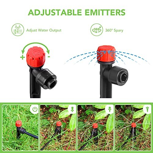 60PCS Easy-Connect Drip Irrigation Emitters for 1/4 inch Irrigation Tubing, Adjustable Water Flow Drip Emitters with Stake, 360°Sprayer for Irrigation System Watering Kits - Image 3