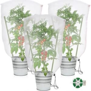 3 Packs 18“ Tomato Cages with Nets,Round Plant Support Stake Tower with Drawstring Plant Covers,Tomato Plant Trellis with Insect Bird Barrier Netting Mesh for Climbing Plants Vegetable Fruits