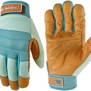 Women's HydraHyde Water-Resistant Leather Palm Hybrid Work Gardening Gloves,Blue Large (Pack of 1),(Wells Lamont 3250)