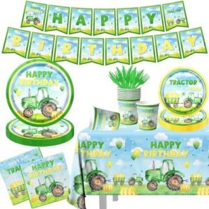 Tractor Birthday Party Supplies Farm Tractor Birthday Decorations Including Farm Tractor Birthday Plates, Napkins, Cups, Tablecloth, Banner for Kids Birthday Baby Shower Tractor Party Favors