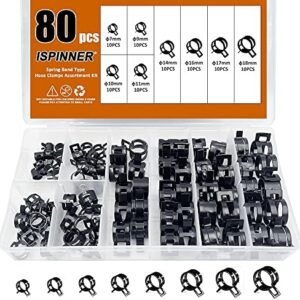 ISPINNER 80pcs Spring Band Type Fuel/Silicone Vacuum Hose Pipe Clamp, 7mm-18mm Low Pressure Air Clip Clamp 7mm 9mm 10mm 11mm 14mm 16mm 17mm 18mm (Black)
