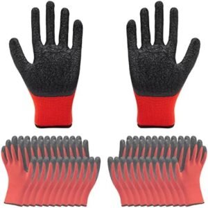 12 Pairs Rubber Coated Work Gloves, Textured Latex Palm for Grip, Construction, Warehouse and Garden Safety Gloves, Bulk Pack, Large