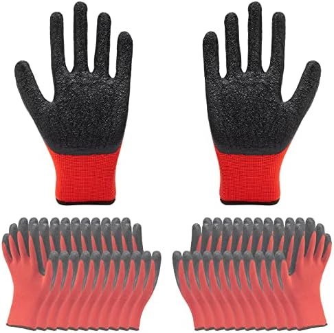 12 Pairs Rubber Coated Work Gloves, Textured Latex Palm for Grip, Construction, Warehouse and Garden Safety Gloves, Bulk Pack, Large