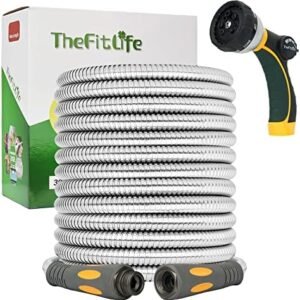 TheFitLife Flexible Metal Garden Hose - 25 FT Lightweight Stainless Steel Water Hose with Solid Fittings and Sprayer Nozzle - Leak Proof, Kink Free, Anti-rust, Large Diameter, Durable and Easy Storage