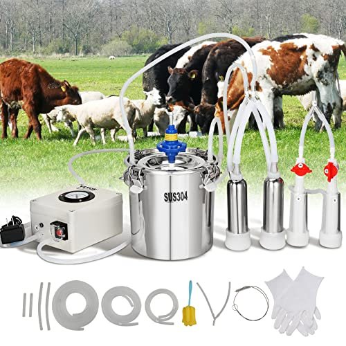 Goat Milking Machine, 6 L 304 Stainless Steel Bucket, Electric Automatic Pulsation Vacuum Milker, Portable Milker with Food-Grade Silicone Cups and Tubes, Adjustable Suction for Cows and Sheep