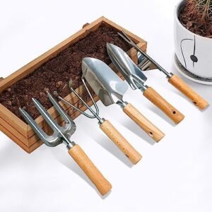 Garden Tools Set of 5, Gardening Tools Set with Weeder Tool Garden Trowel Hand Cultivator and Garden rake, Idea for Transplanting, Weeding, Digging and Planting.