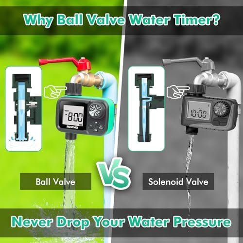 RESTMO Sprinkler Timer for Zero and Low Water Pressure, Ball Valve Hose Timer for Rain Barrel, Drip Irrigation, Outdoor Garden Faucet and Lawn Sprinkler, Automatic Digital Control and Manual Watering - Image 2