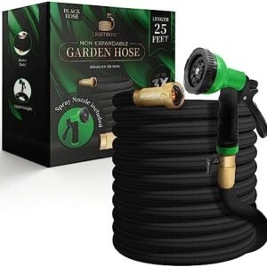 Garden Hose, NON-EXPANDABLE Garden Hose, Super Light Weight Hose, No Burst, 3/4 inch Solid Brass Connectors, 25 Ft, Black