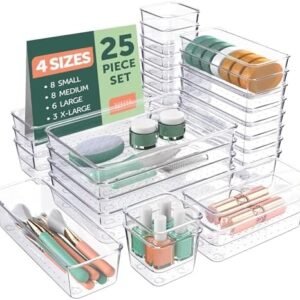 Clear Plastic Drawer Organizers [25 PCS] Drawer Organizer Bins With Non-Slip Pads for Makeup, Jewelry, Vanity, Bathroom, Kitchen Gadgets Utensils & Office Desk. 4-Size Bathroom Drawer Organizer Trays.