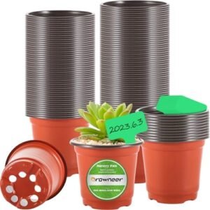 GROWNEER 120 Packs 4 Inches Plastic Plant Nursery Pots with 15 Pcs Plant Labels, Seed Starting Planting Pot Flower Planter Container for Succulents, Seedlings, Cuttings, Transplanting