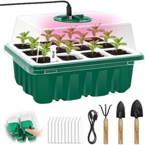 Seed Starter Tray Kit with Grow Light | 12 Flexible Pop-Out Cells Silicone Bottoms | Reusable Seedling Starter Trays with Humidity Dome,Garden Tools,Labels | for Starting Vegetable Flower Seeds