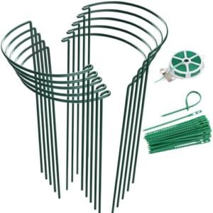 HiGift 10 Pack Plant Support Stakes, Half Round Metal Garden Stake Peony Support Cage, Outdoor Plant Support Ring for Flowers Vine Tomato Indoor Plant with 20pcs Clips & Ties (10" Wide x 15.8" High)