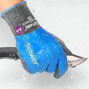 Schwer Waterproof Work Gloves, ANSI A4 Cut Resistant Gloves with Insulated Double Latex Coated, Super Grip for Gardening, Car and Fish Cleaning, 1 Pair, M