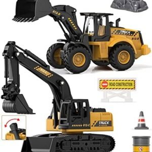 Construction Toys Excavator for Kids, Geyiie Construction Vehicle Set Bulldozer Tractor Truck Engineer Caterpillar, Movable Claw Digger Trucks Toy for Boys Girls 3-12 Years Old.