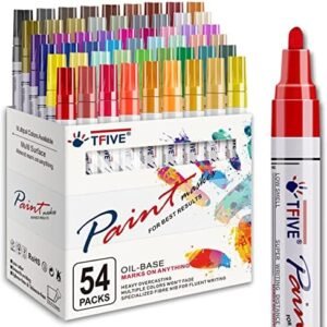 TFIVE Paint Markers Pens - 54 Colors Medium Tip Paint Markers, Permanent, Waterproof & Quick Dry, Paint Pen for Metal, Wood, Fabric, Plastic, Rock Painting, Mugs, Canvas, Glass, Art Craft