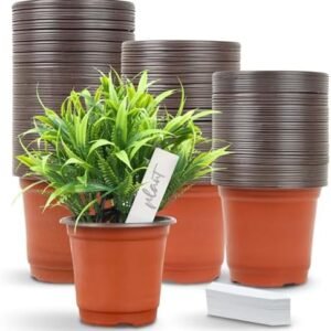 CEWOR 160pcs 4 Inch Plant Pots with 80pcs Labels, Plastic Planters with Drainage Holes, Nursery Pots, Planting Tanks and Accessories for Flowering Seedlings, Cuttings and Transplants
