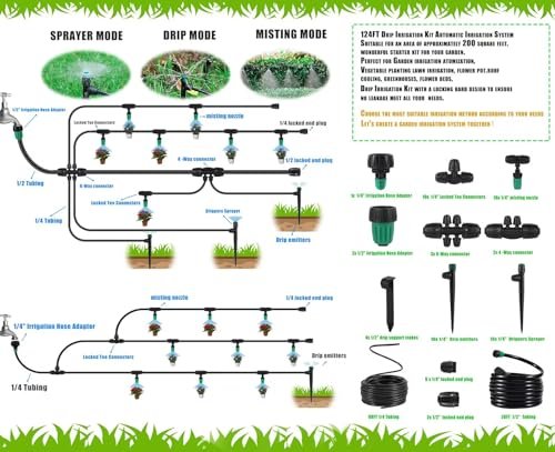 124FT/38M Garden Drip Irrigation Kit, Secure Garden Watering System Automatic Irrigation System with 1/4 inch 1/2 inch Irrigation Tubing Hose for Garden Yard, Lawn,Greenhouse - Image 4