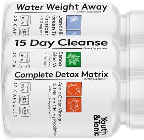 3pk Detox Cleanse Kick Off Weight Management | Colon Cleanser + Water Loss Pills w Dandelion + ACV Full Body Detox + Probiotics | For Flat Stomach, Waistline, Metabolism, Bloating – 90 Pills