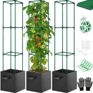 3 Pack Tomato Cages for Garden 48 Inches with 3Pcs Tomato Planter(10-Gallon), Upgraded Fiberglass Tomato Trellis Garden Plant Cage, Tomato Plant Support with Grow Bags, Clip,Twist Ties