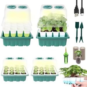 Illuminated 4 Pack Silicone Seed Starter Tray Kit: 60 Peat Pellets + 4 Silicone Seedling Trays with Grow Light & Humidity Dome + 80 Plant Labels + Scissor + Gardening Tools Reusable Silicone