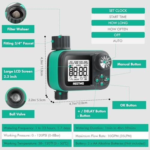 RESTMO Sprinkler Timer for Zero and Low Water Pressure, Ball Valve Hose Timer for Rain Barrel, Drip Irrigation, Outdoor Garden Faucet and Lawn Sprinkler, Automatic Digital Control and Manual Watering - Image 6