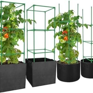 4 Pack Metal Tomato Cages with 17 Gallon Grow Bags- Tall Tomato Cage with 7 Gallon Round Planter Bags-Tomato Plant Stakes Support Cages Cucumber Trellis for Climbing Vegetables Flowers Fruits