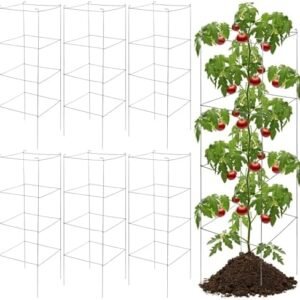 6 Pack Square Folding Tomato Cage 46 x 18 Inches Tomato Plant Support Heavy Duty Plant Support Stake Tower Metal Garden Trellis for Climbing Vegetables Plants Flowers Fruit