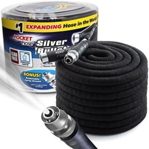 Pocket Hose Silver Bullet 100 ft Turbo Shot Nozzle Multiple Spray Patterns Expandable Garden Hose 3/4 in Solid Aluminum Fittings Lead-Free Lightweight and No-Kink, Black