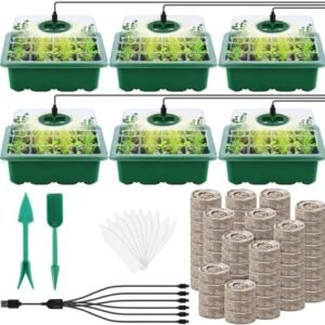 6 Pack Seed Starter Tray Kit with Grow Light and Humidity Dome Germination Trays with 72 Peat Pellets, Plant Labels, Gardening Tools, Plant Growing Trays for Seeds Growing Starting, Green