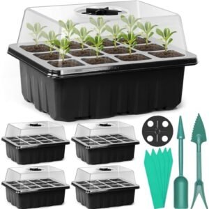 Sfee 5 Pack Seed Starter Tray Kit, 60 Cells Seedling Starter Trays with Humidity Dome and Base Greenhouse Growing Trays, Reusable Seed Germination Seedling Tray with Garden Tools Labels (Black)