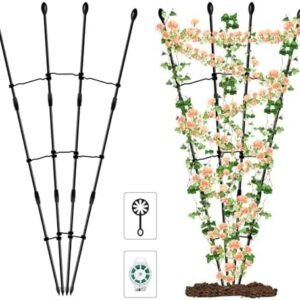 1 Pack 48 Inch Garden Trellis for Climbing Plants Outdoor- Rustproof Tower Obelisk Trellis, Fan-Shaped Plant Support Vertical Trellis for Indoor Potted Plants, Flowers, Rose, Vine & Twist Ties