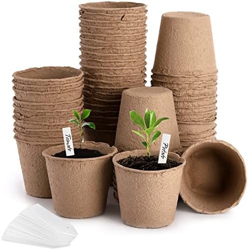 Cedilis 60 Pack 4" Peat Pots, Biodegradable Plant Starter Pots with Plant Labels, Germination Station Starter Cups, Disposable Plant Pots for Seedlings, Flowers, Vegetables Seeds