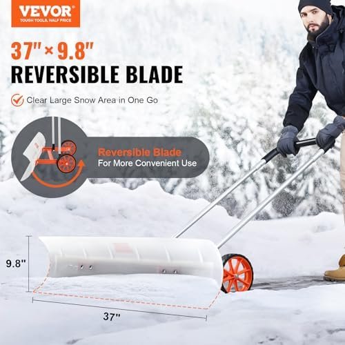Snow Pusher Shovel with Wheels for Driveway, 37 inch Bi-Directional Heavy Duty Plastic Snow Pusher on Wheels, Wheeled Rolling Snow Shovels for Snow Removal - Image 2