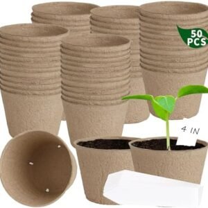 50 PCS 4" Plant Pots, Biodegradable Peat Pots Round Nursery Pots Seedling Pots with Drainage Holes Germination Seed Starter Tray Kit with 50 Plant Labels for Garden Flower Vegetable Succulent