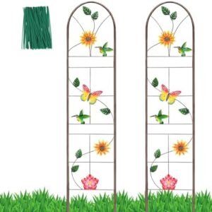 Trellis for Climbing Plants Outdoor 100% Metal Garden Trellis 63" x 11.8" Vintage Copper Style with Colorful Butterfly, Bird and Flower, Support Fence Trellis for Plant Lovers Gift 2 Pack